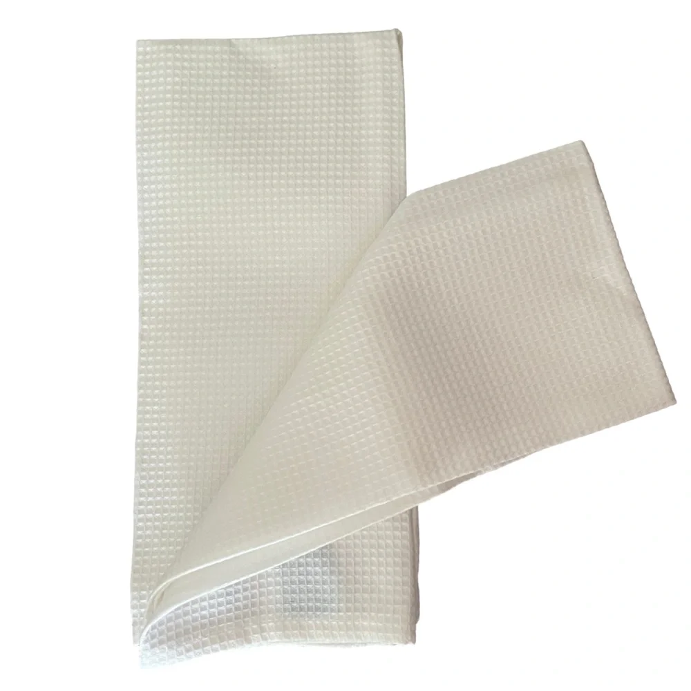 Set of Two White Waffle Weave Kitchen Towels and Three Dishclothes
